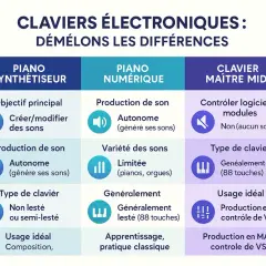 Tableau comparatif des claviers électroniques : synthétiseur, piano numérique ou clavier maître MIDI.