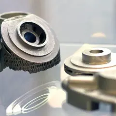 Metalowe elementy, jak części maszyn, wykonane z zaawansowanych materiałów narzędziowych, prezentują skomplikowane struktury.