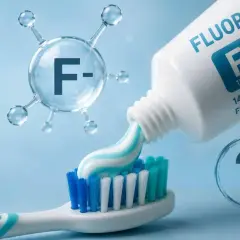 Dentifricio al fluoro esce dal tubetto su uno spazzolino. Icone indicano protezione carie, sicurezza e dati scientifici. Il fluoro fa male?
