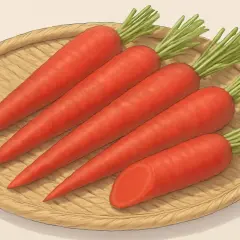 A woven tray holds five vibrant, fresh japanese carrot roots with green tops. One carrot is sliced, revealing its bright orange interior.
