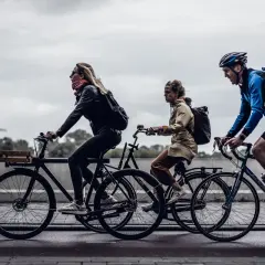 Trzech rowerzystów jedzie obok siebie. Czy planują trasę na komoot czy strava?