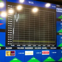 Ekran giełdowy z wykresem WIG, notowaniami spółek i wskaźnikami. Widoczny jest auto partner notowania, np. Alior Bank.