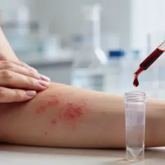 Hautirritationen am Arm, die auf eine innere Hitze Allergie hindeuten. Ein Tropfen Blut fällt aus einer Pipette in ein Röhrchen.