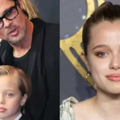 Brad Pitt z dziećmi. Na zdjęciu widać aktora w okularach, a obok niego dwójkę jego dzieci. Po prawej stronie ujęcie twarzy nastoletniej córki.