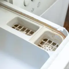 Schmutziges Waschmittelfach einer Waschmaschine, das dringend eine Reinigung benötigt. Kalk und Seifenreste haben sich abgelagert.