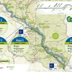 Mapa de las vías verdes de Navarra, detallando etapas del Camino del Ebro y del Camino Ignaciano, con información de distancia y desnivel.