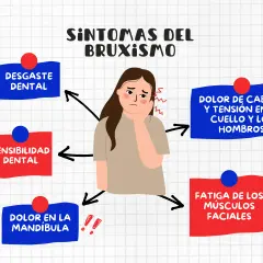 Ilustración de una niña con dolor de cabeza y mandíbula, mostrando síntomas del bruxismo como desgaste dental y tensión.