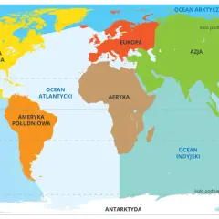 Mapa świata pokazuje, ile jest kontynentów: Amerykę Północną, Południową, Europę, Afrykę, Azję, Australię i Antarktydę.