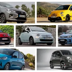 Colección de coches urbanos: un Mitsubishi gris, un Abarth amarillo, un Toyota rojo, un Fiat 500 azul claro, un Kia azul, un Hyundai azul y un Fiat Panda gris.