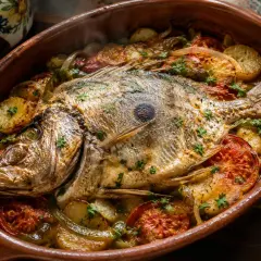Pez San Pedro horneado con patatas, tomates y pimientos en una cazuela de barro.