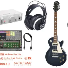 Potrzebne do gitary elektrycznej: gitara, słuchawki, interfejs audio, kable, oprogramowanie muzyczne.