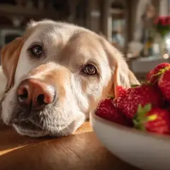 A golden retriever looks longingly at a bowl of strawberries, wondering if dogs can eat strawberry tops.