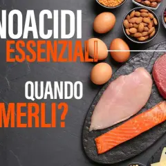 Aminoacidi essenziali: quanti grammi al giorno? Immagine mostra proteine animali e vegetali, con testo che interroga sul loro consumo.