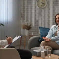 Kobieta rozmawia z terapeutą, który notuje. Może to być rozmowa dotycząca adhd u dorosłych test.