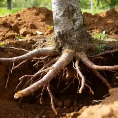 Gros plan sur les racines d'un jeune cerisier, prêt pour sa plantation. La distance entre la plantation et la maison est encore à définir.