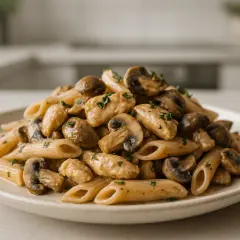 Pyszny makaron penne z kurczakiem i pieczarkami w 30 minut
