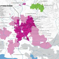 Mapa winnic południowego Rodanu, z zaznaczonymi regionami, w tym Châteauneuf-du-Pape.