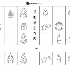 Świąteczne zadania dla dzieci do druku: sudoku z choinkami, prezentami, świecami, gwiazdkami i wieńcami.