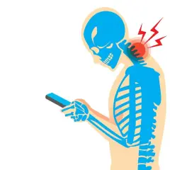 Squelette bleu regardant un téléphone, avec des éclairs rouges symbolisant les douleurs cervicales dues au stress.