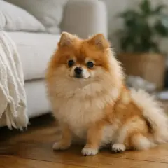 Uroczy pomeranian siedzi na drewnianej podłodze obok kanapy. Sprawdź aktualną pomeranian cena.