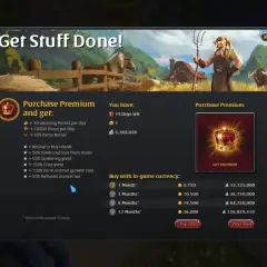 Albion: co to? Okno zakupu premium w grze, z listą bonusów i cenami w walucie gry.