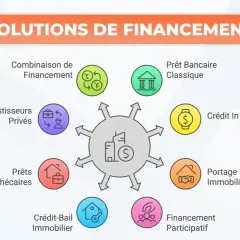 Schéma des solutions de financement : prêt terrain, prêts hypothécaires, crédit-bail, portage immobilier, crédit in fine, prêt bancaire, investisseurs privés, combinaison de financement.