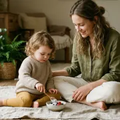 Mama karmi dziecko owocami, dbając o jego zdrowie. To idealny moment na probiotyk dla dzieci, wspierający trawienie.