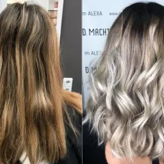 Vorher/Nachher-Vergleich: Blondierung verwandelt strohiges, orangenes Haar in glänzende Wellen.