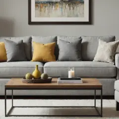 Graues Federkern Sofa mit gelben und grauen Kissen. Vorteile: bequem, Nachteile: kann einsinken.