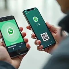 Dwie osoby trzymają telefony, jeden z logo WhatsApp, drugi z kodem QR. Pokazuje to, jak przenieść WhatsApp na nowy telefon.