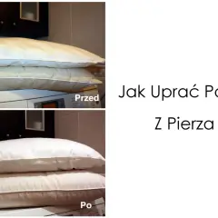 Pranie kołdry z pierza: porównanie przed i po. Dwie poduszki, jedna brudna, druga czysta, leżą na pralce.