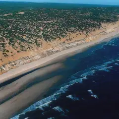 Vista aérea de la **playa de Castilla**, con dunas cubiertas de vegetación, arena dorada y el mar azul con olas.