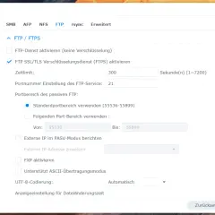 Synology NAS: Zugriff auf Dateidienste über FTP/FTPS im Heimnetzwerk konfigurieren. SSL/TLS-Verschlüsselung ist aktiviert.