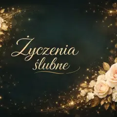 Eleganckie życzenia na ślub z bukietami jasnych róż i złotymi zdobieniami.