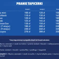 Cennik prania tapicerki samochodowej: od 100 zł za komplet 1 dla auta typu mini do 350 zł za komplet 3 dla limuzyny.