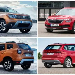 Pomarańczowy Dacia Duster i czerwona Škoda Kamiq. Porównanie prześwitu i możliwości terenowych.