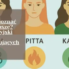 Ilustracja przedstawia trzy kobiety i tekst "Jak rozpoznać swoją doszę? Ajurwedyjski test dla początkujących". Pod każdą postacią znajduje się nazwa doszy: Vata, Pitta, Kapha.