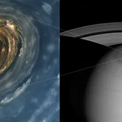 Widok z bliska na gigantyczną burzę na Saturnie, porównany z jej położeniem na planecie.