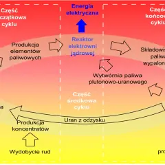 Schemat cyklu paliwowego: od wydobycia rud, przez wzbogacanie uranu, produkcję elementów paliwowych, reaktor jądrowy, aż po składowisko odpadów.