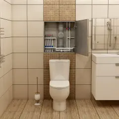 Jak ukryć rury w małej łazience? Wnęka nad toaletą z ukrytymi instalacjami i szafką.
