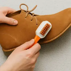 Manos limpiando un zapato de gamuza marrón con un cepillo. Aprende como se limpia la piel de tus zapatos favoritos.