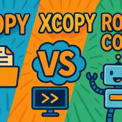 Vergleich von xcopy vs robocopy: Ordner-Symbol und Roboter-Symbol stehen sich gegenüber.