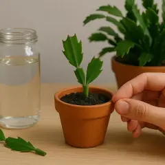 Ein kleiner Weihnachtskaktus im Topf, bereit zum Auspflanzen. Daneben ein Ableger und ein Glas Wasser – so kann man den Weihnachtskaktus vermehren.