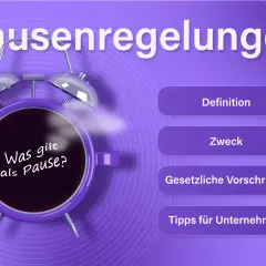 Ein Wecker mit der Frage "Was gilt als Pause?" symbolisiert die Bedeutung von Pausenregeln für die Arbeitszeit.
