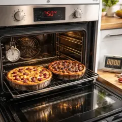 Deux clafoutis aux cerises et aux fruits rouges cuisent dans un four à chaleur tournante. Un minuteur est suspendu à l'intérieur.
