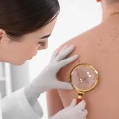 Dermatolog bada plecy pacjenta, skupiając się na jednym, twardym guzkem pod skórą, używając lupy.