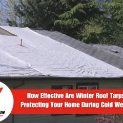 A house roof is covered with a white tarp, protecting it from cold weather. This temporary solution is crucial for roofing during winter.