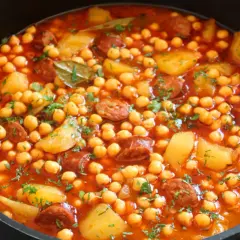 Un plato humeante de garbanzos con chorizo arguiñano, patatas y perejil picado en una sartén negra.