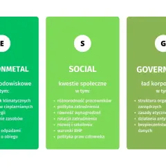 Trzy kolumny: E (środowisko), S (społeczne), G (ład korporacyjny). Wyjaśnienie, co to ESG.