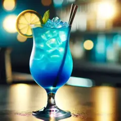 Orzeźwiający blue lagoon drink z lodem, plasterkiem cytryny i miętą, stojący na barze w klubie.